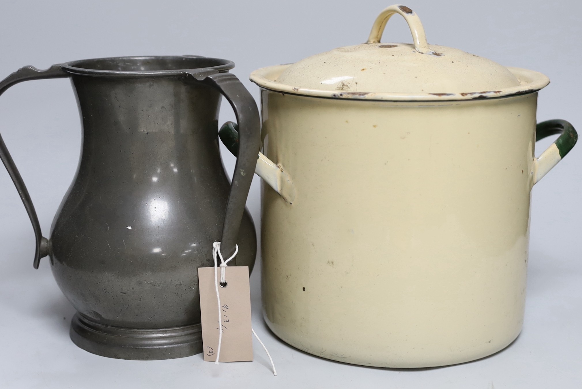 A pewter tyg and two other items, tyg 20cms high